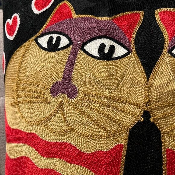 Cats in Love Embroidered Laurel Burch Cat Art Inspired Throw Pillow Cover - Picture 2 of 2
